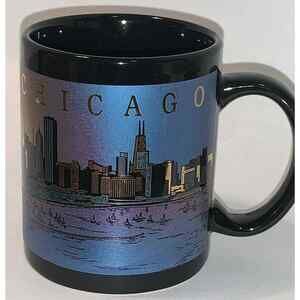 Chicago Skyline Coffee Cup Mug Night From Lake Michigan Black Blue Gold Colors